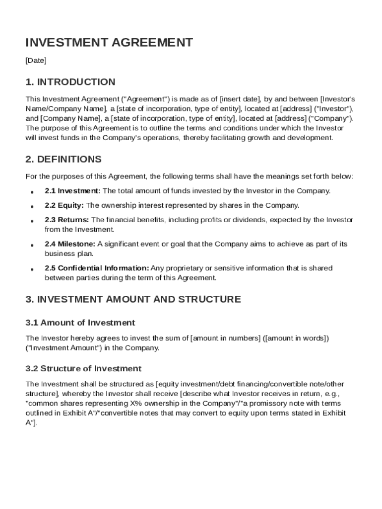 Investment Investment Agreement Template Preview on Page 1