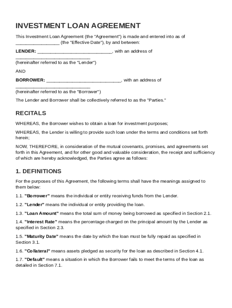 Investment Loan Agreement Template Preview on Page 1