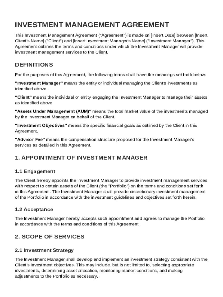 Investment Management Agreement Template Preview on Page 1