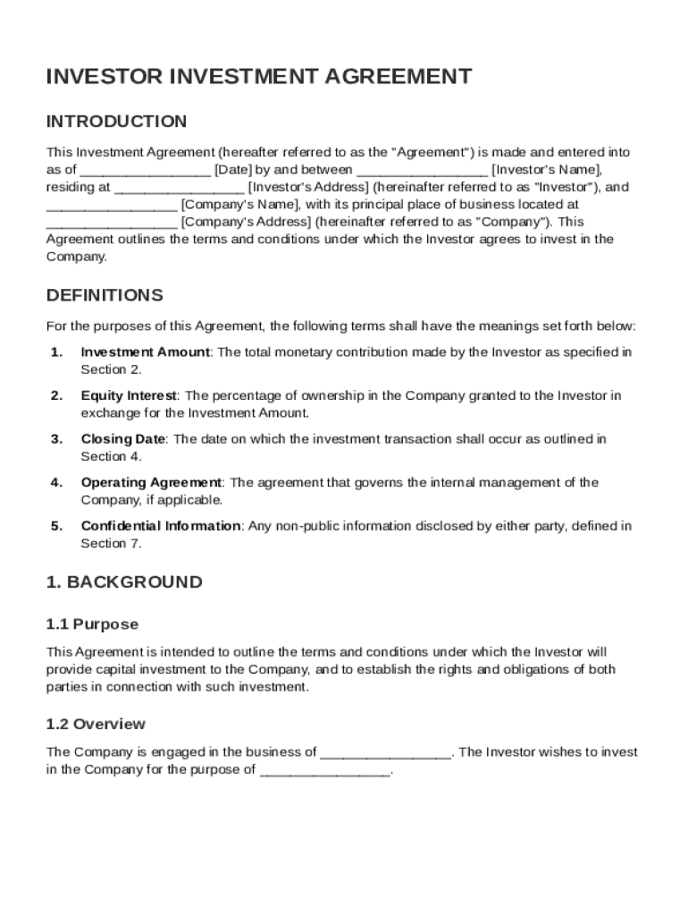 Investor Investment Agreement Template Preview on Page 1