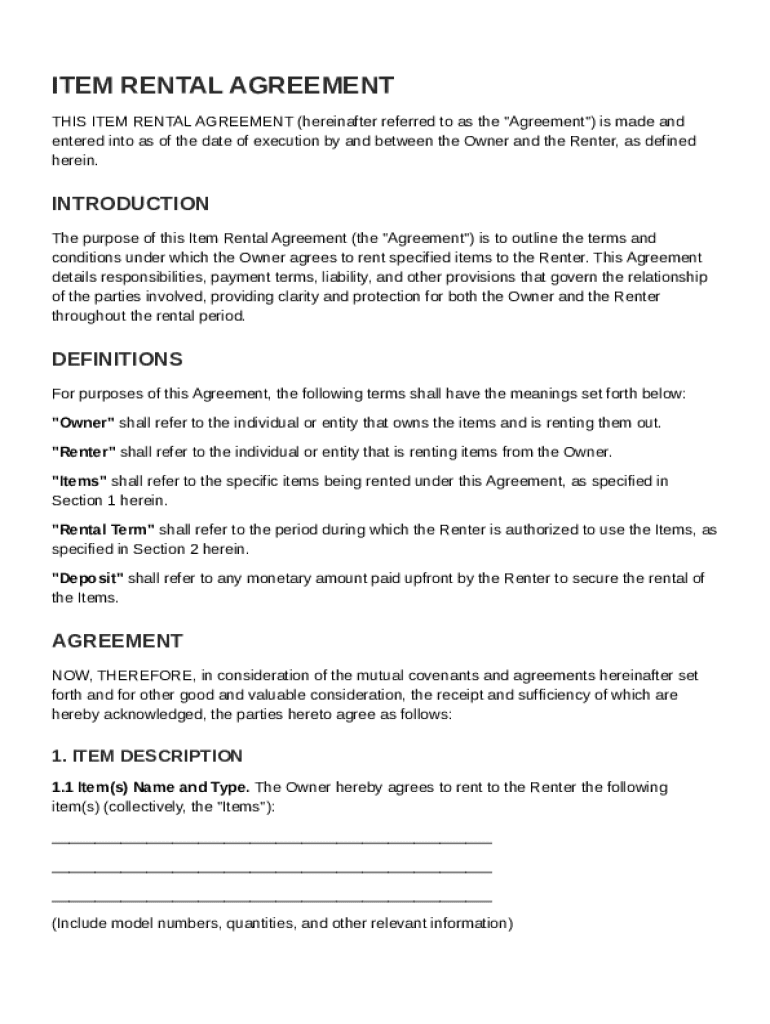 Item Rental Agreement Template Preview on Page 1
