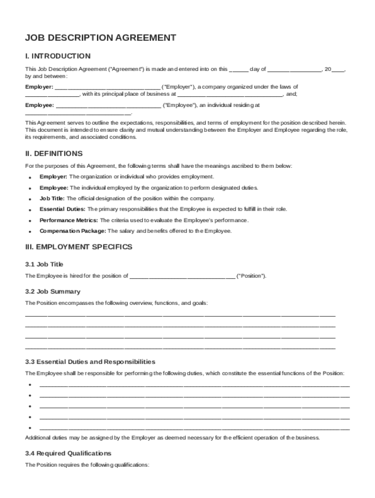 Job Description Agreement Template Preview on Page 1