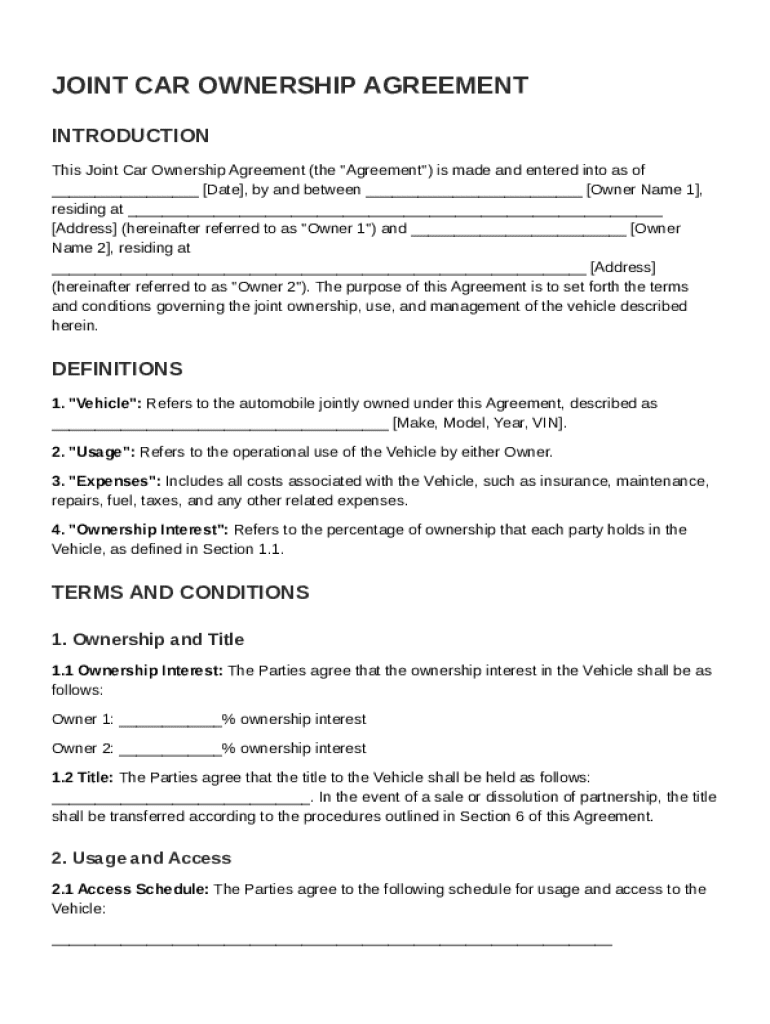 Joint Car Ownership Agreement Template Preview on Page 1