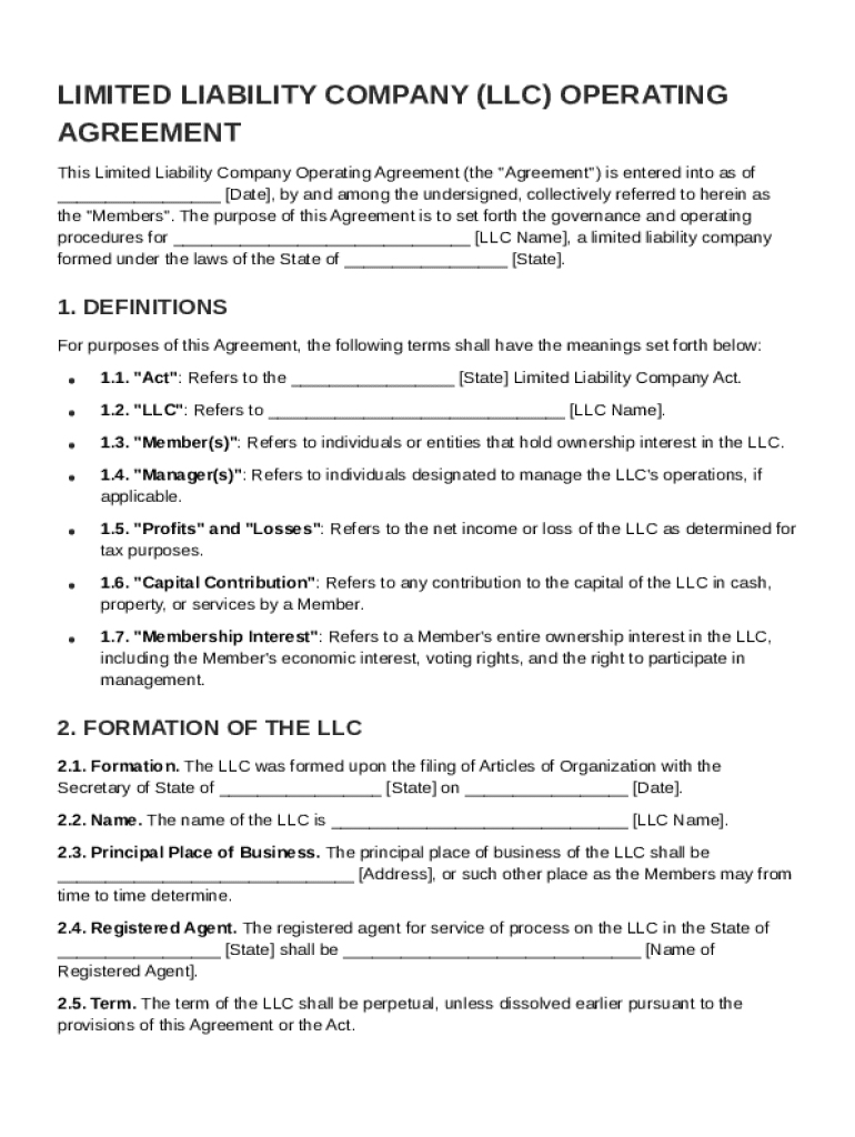 LLC Business Agreement Template Preview on Page 1