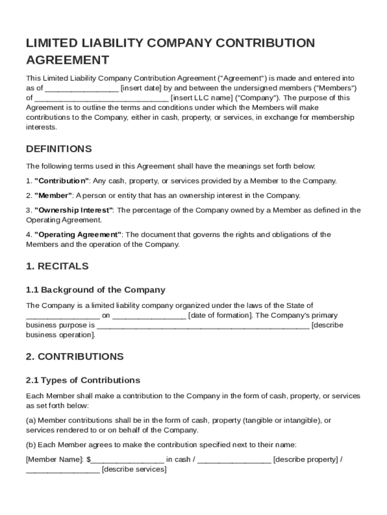 LLC Contribution Agreement Template Preview on Page 1
