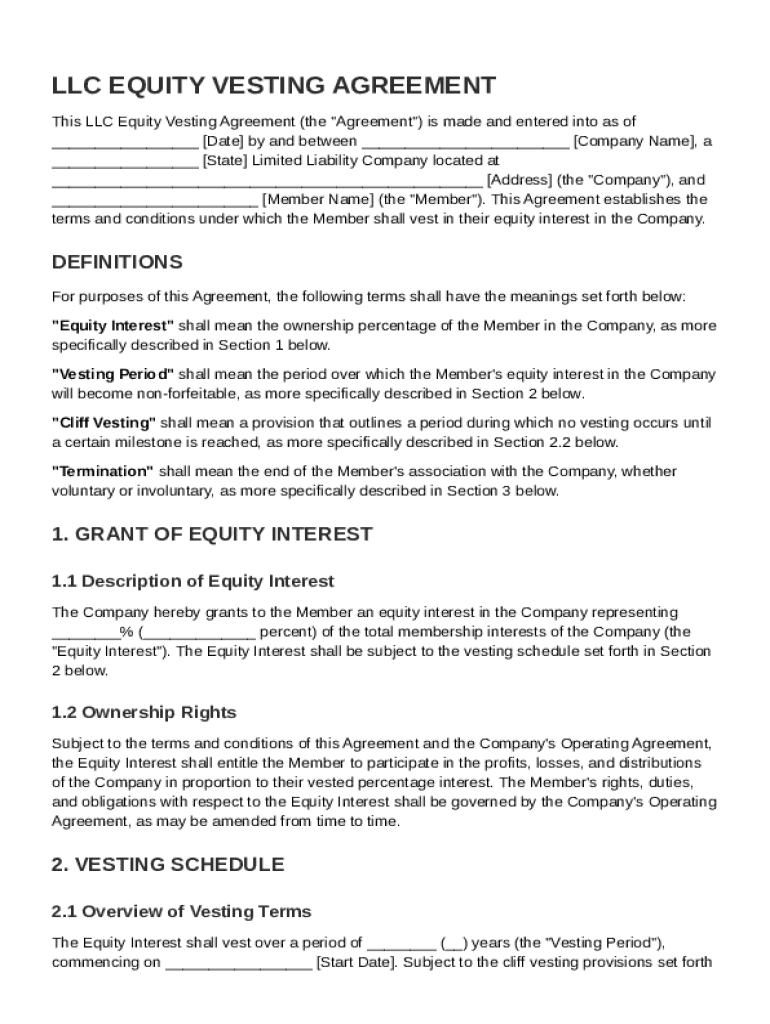 LLC Equity Vesting Agreement Template Preview on Page 1