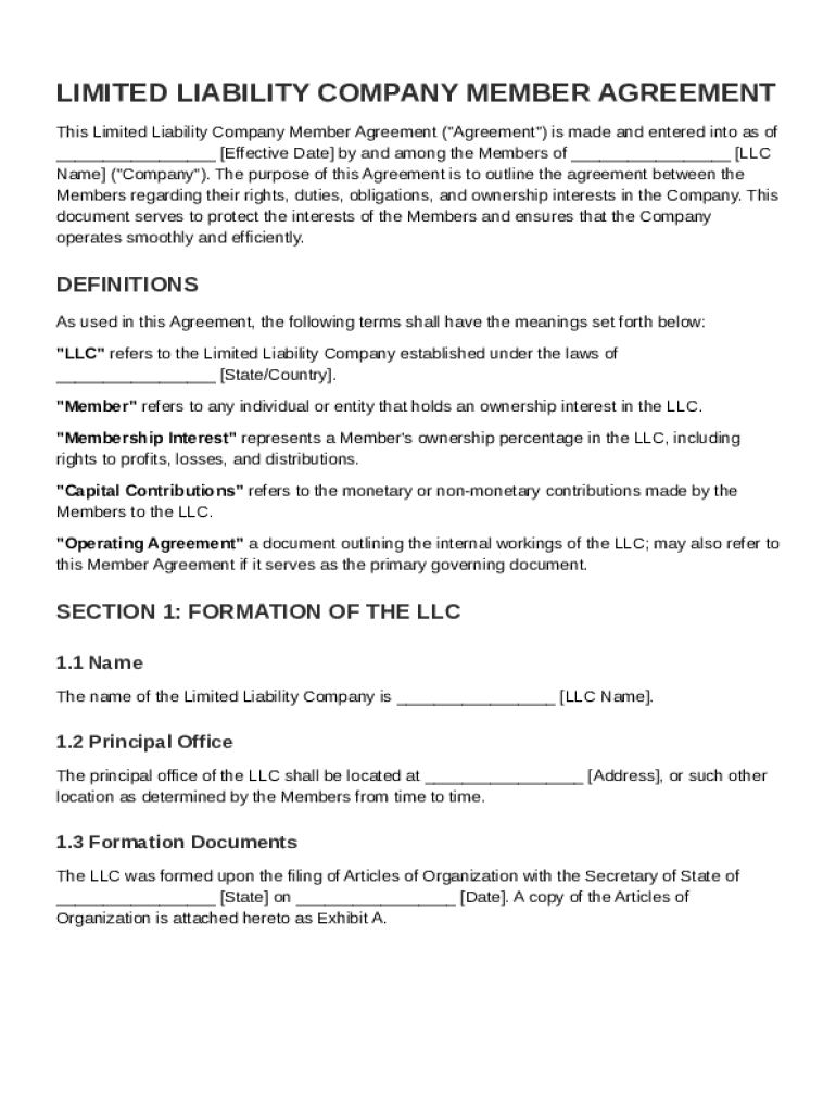 LLC Member Agreement Template Preview on Page 1