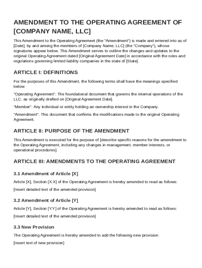 LLC Operating Amendment Agreement Template Preview on Page 1