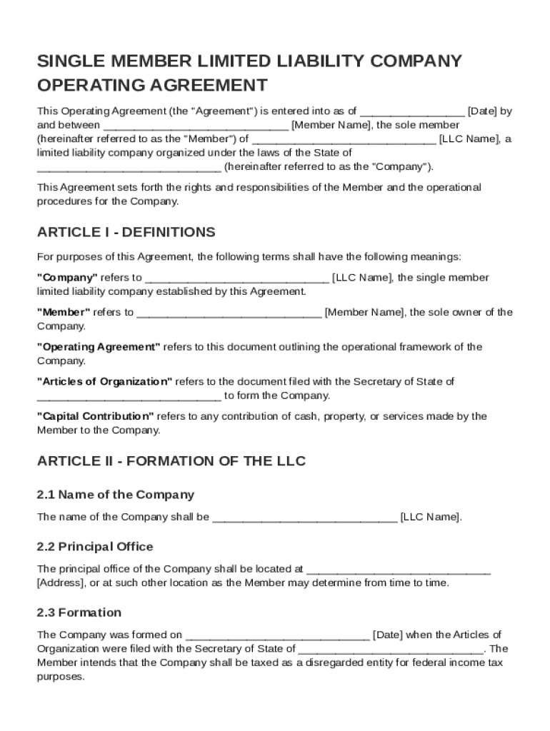 LLC Operating Single Member Agreement Template Preview on Page 1