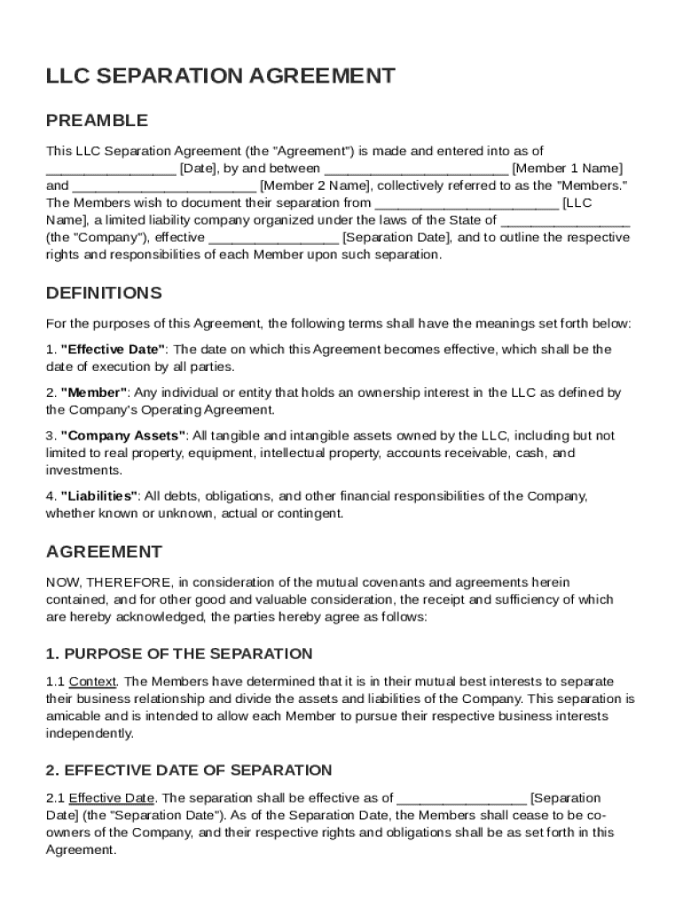 LLC Separation Agreement Template Preview on Page 1