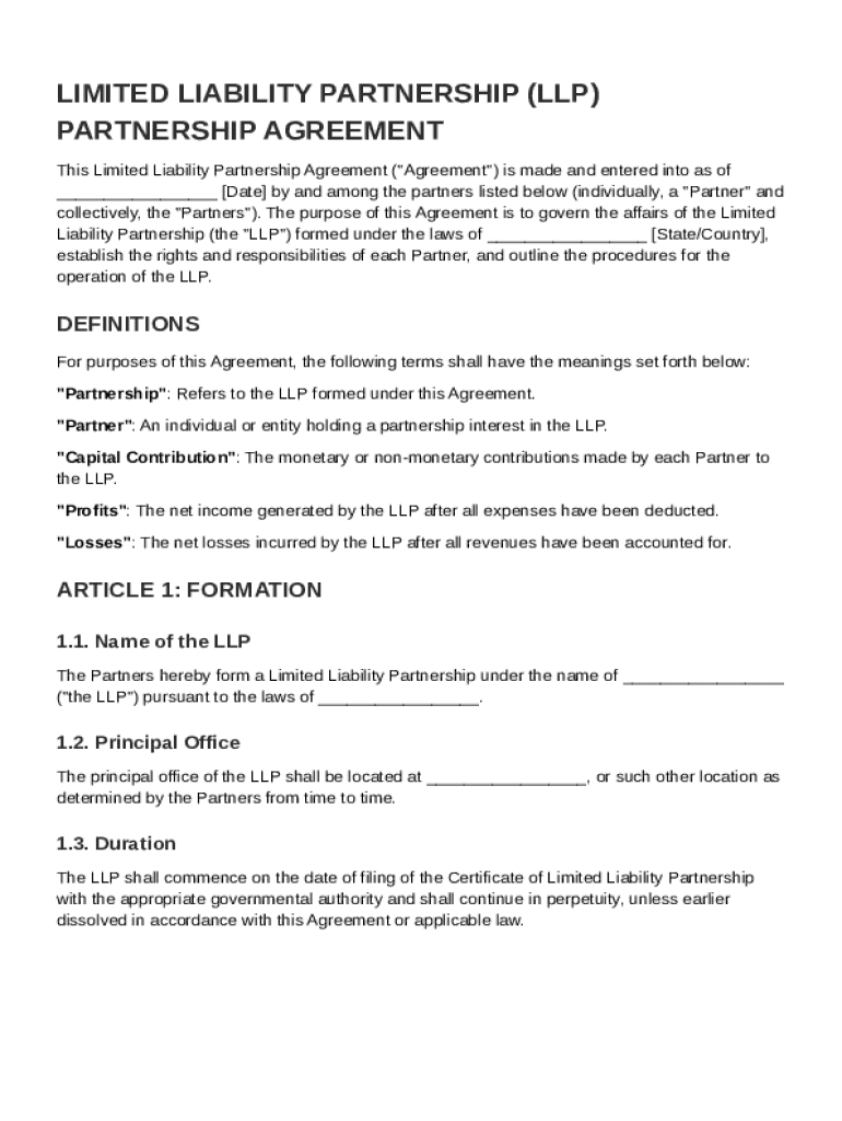 LLP Partnership Agreement Template Preview on Page 1