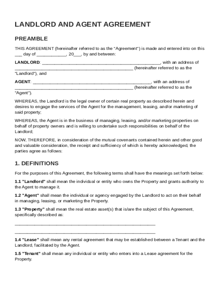 Landlord and Agent Agreement Template Preview on Page 1