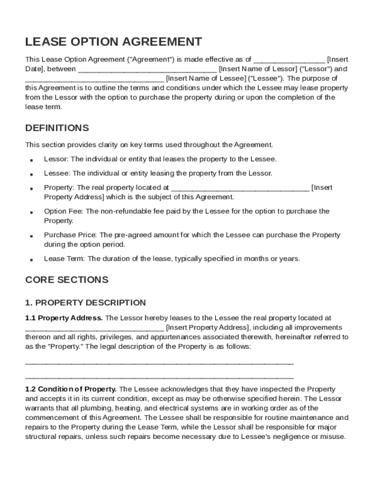 Lease Option Agreement Template Preview on Page 1