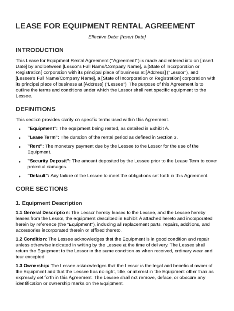 Lease for Equipment Rental Agreement Template Preview on Page 1