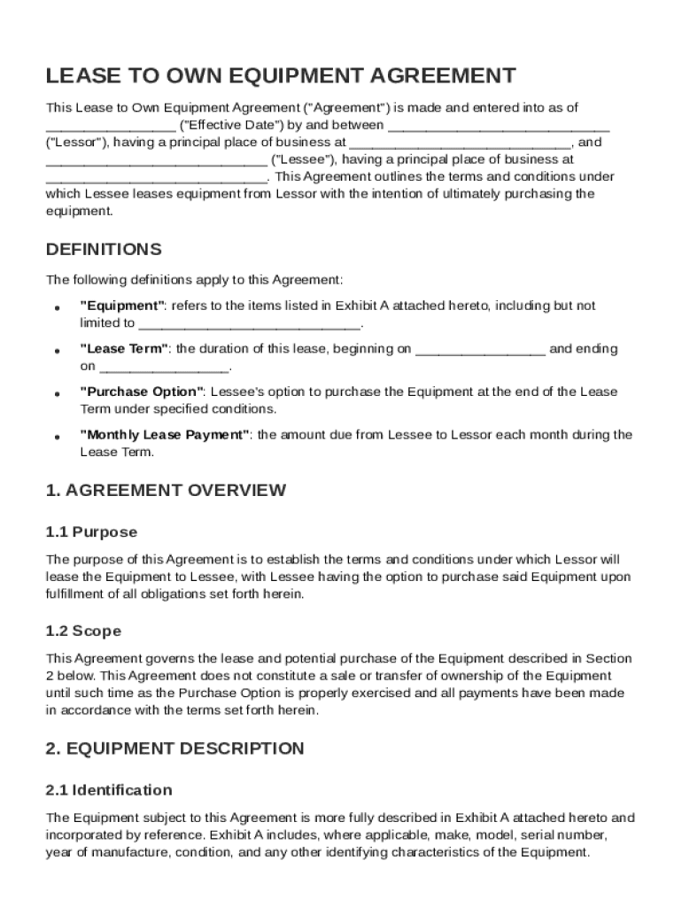 Lease to Own Equipment Agreement Template Preview on Page 1