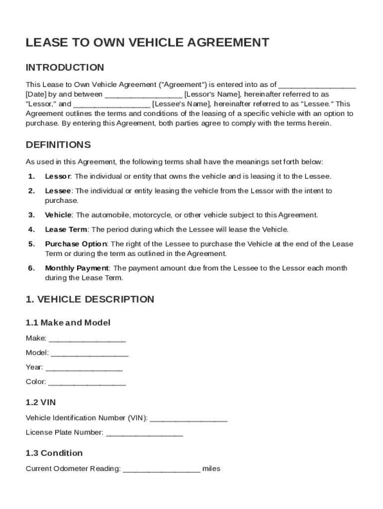 Lease to Own Vehicle Agreement Template Preview on Page 1