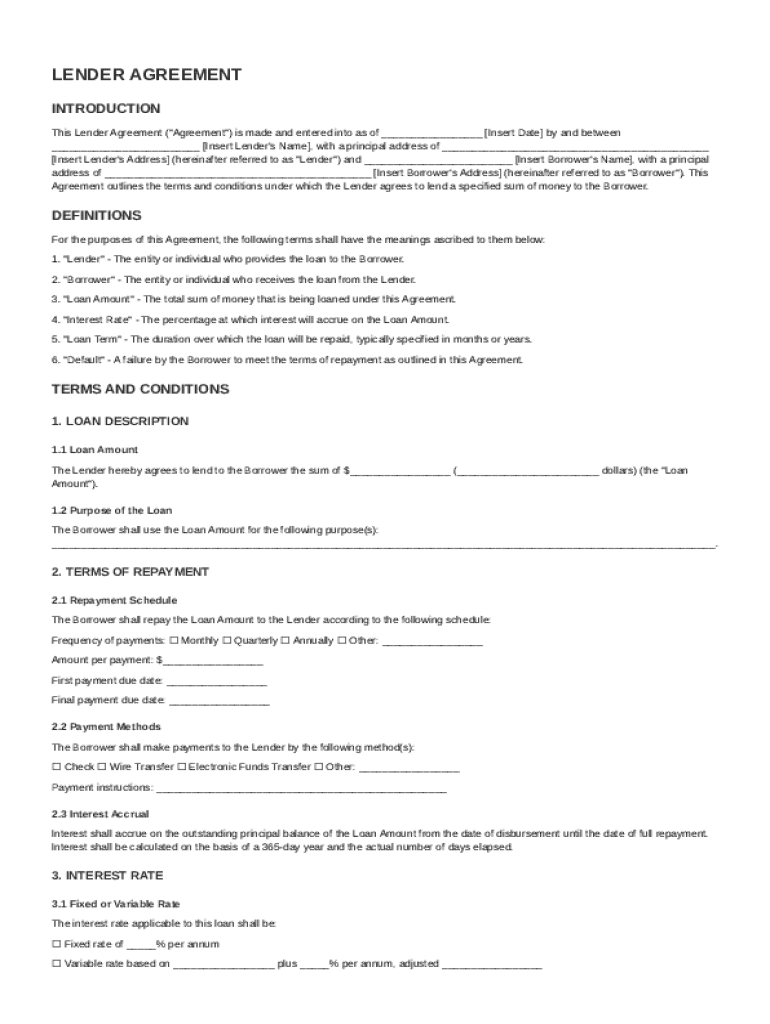 Lender Agreement Template Preview on Page 1