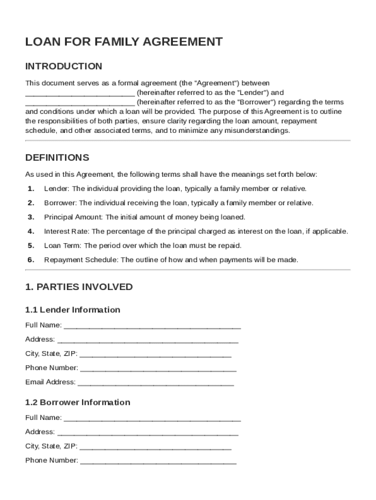 Loan for Family Agreement Template Preview on Page 1