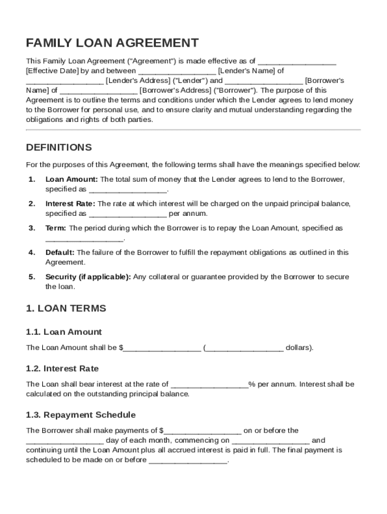 Loan for Family Loans Agreement Template Preview on Page 1