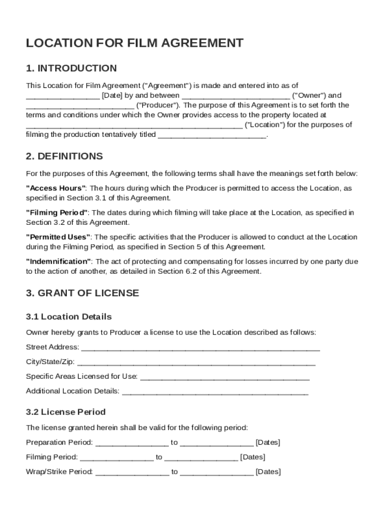 Location for Film Agreement Template Preview on Page 1