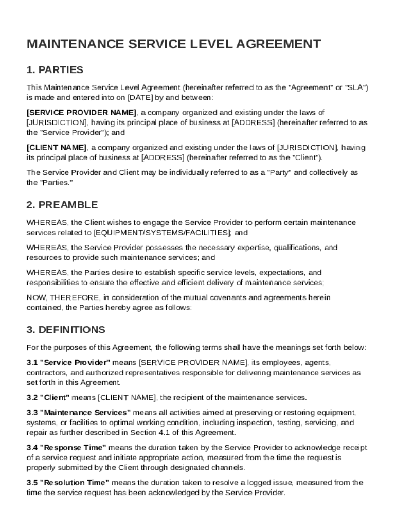 Maintenance Service Level Agreement Template Preview on Page 1
