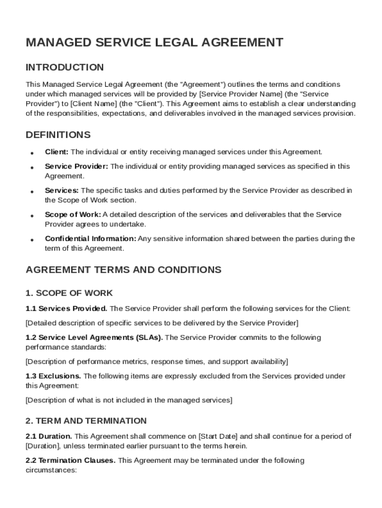 Managed Service Legal Agreement Template Preview on Page 1