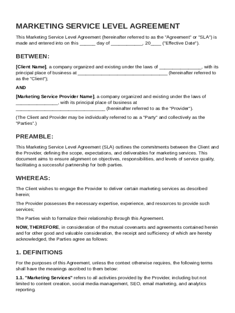 Marketing Service Level Agreement Template Preview on Page 1