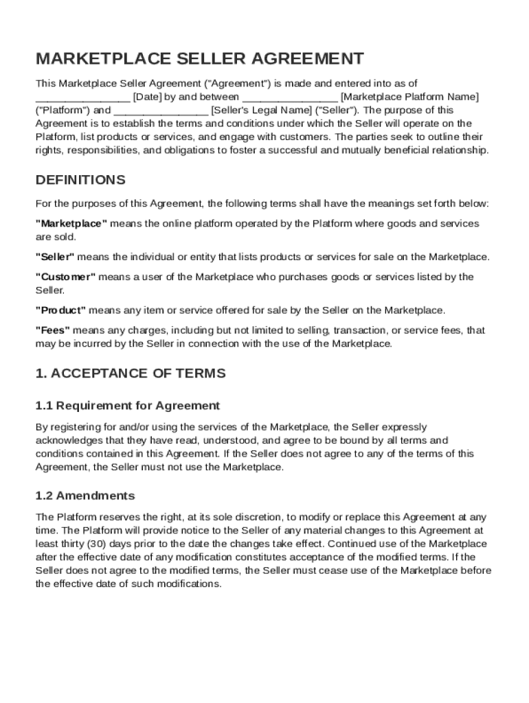 Marketplace Seller Agreement Template Preview on Page 1