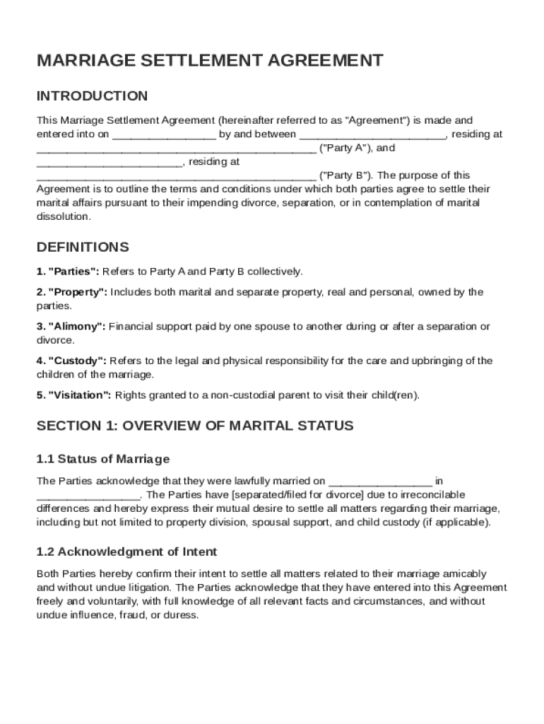 Marriage Settlement Agreement Template Preview on Page 1