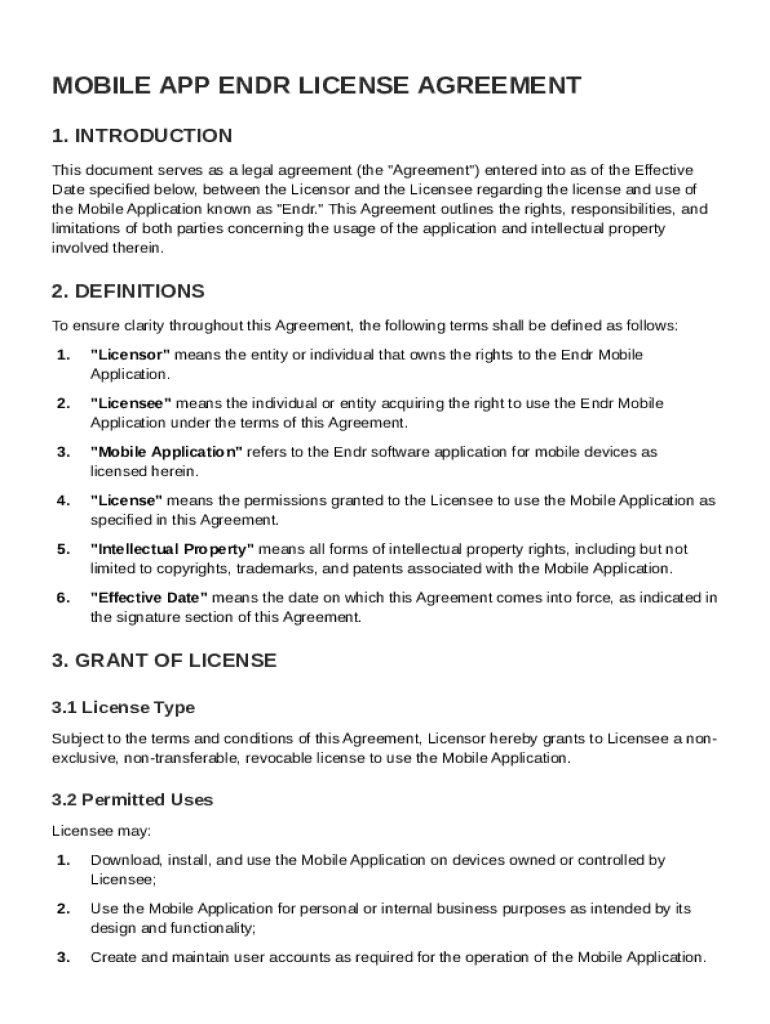 Mobile App Endr License Agreement Template Preview on Page 1