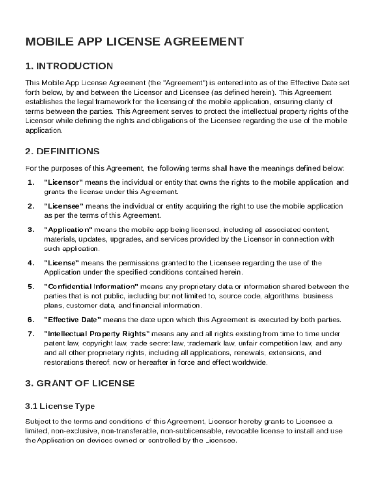 Mobile App License Agreement Template Preview on Page 1