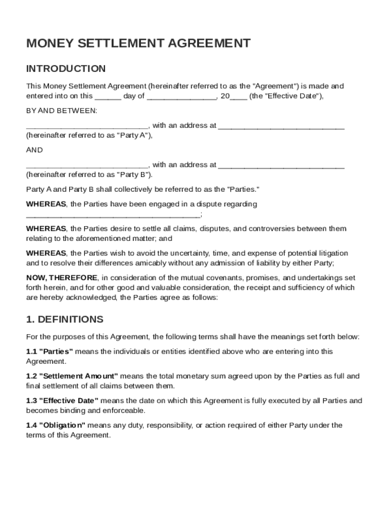Money Settlementsettlement Agreement Template Preview on Page 1