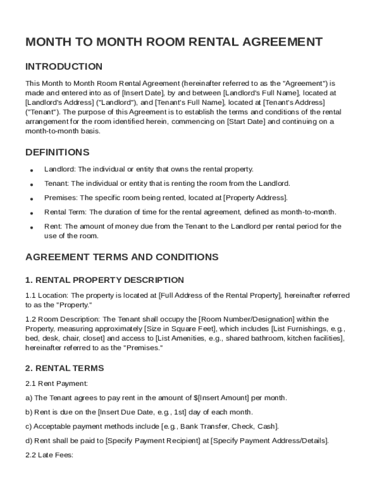 Month to Month Room Rental Agreement Template Preview on Page 1