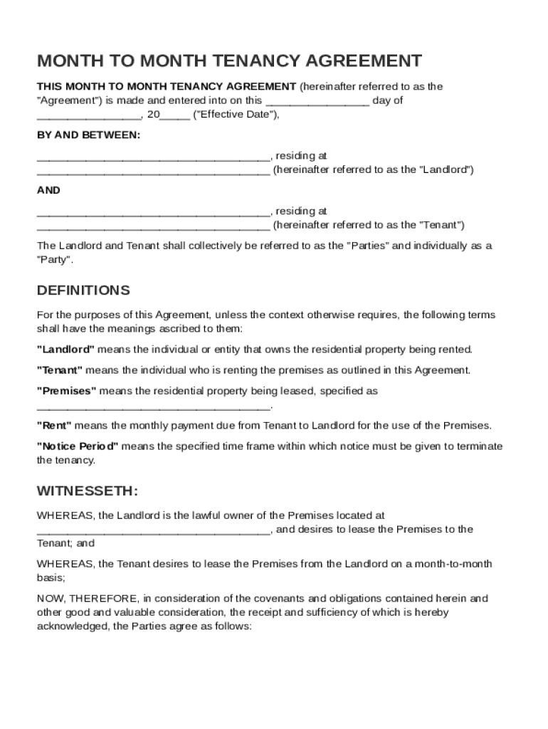 Month to Month Tenancy Agreement Template Preview on Page 1