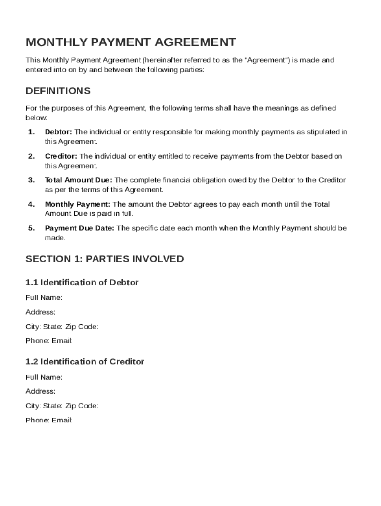 Monthly Payment Agreement Template Preview on Page 1