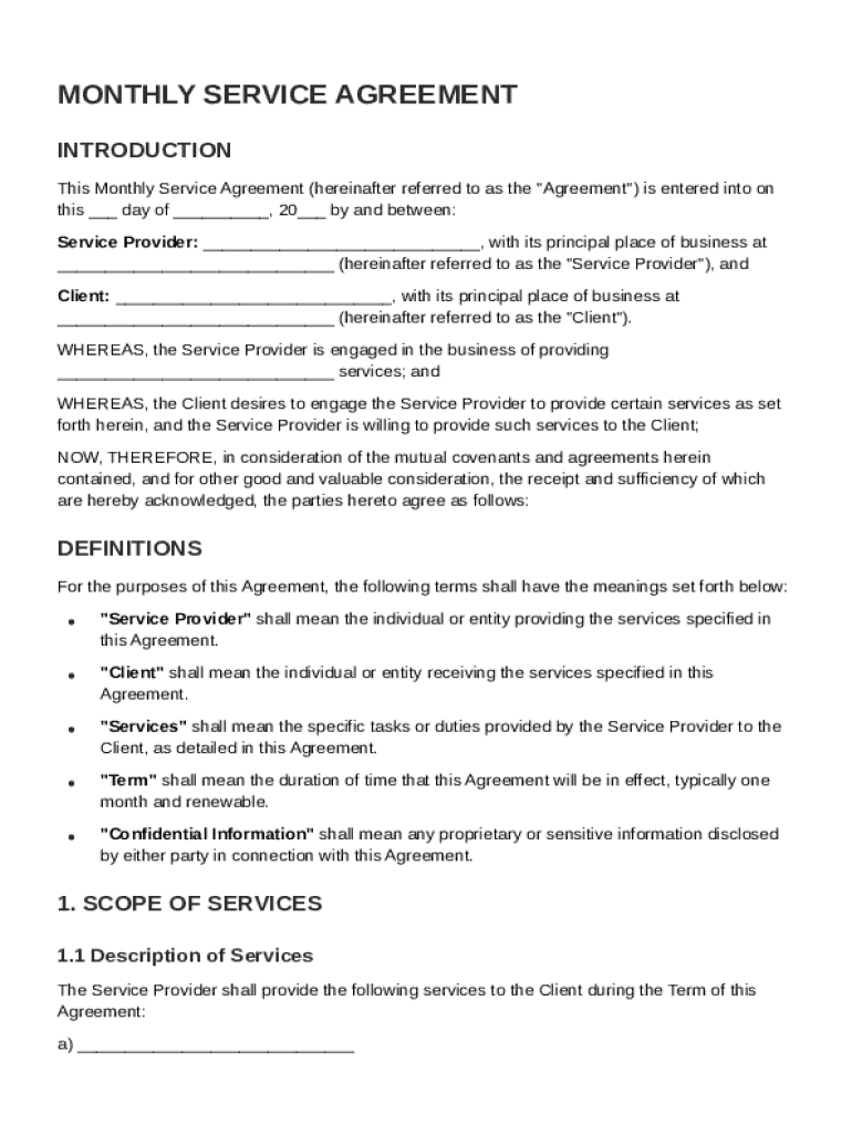 Monthly Service Agreement Template Preview on Page 1