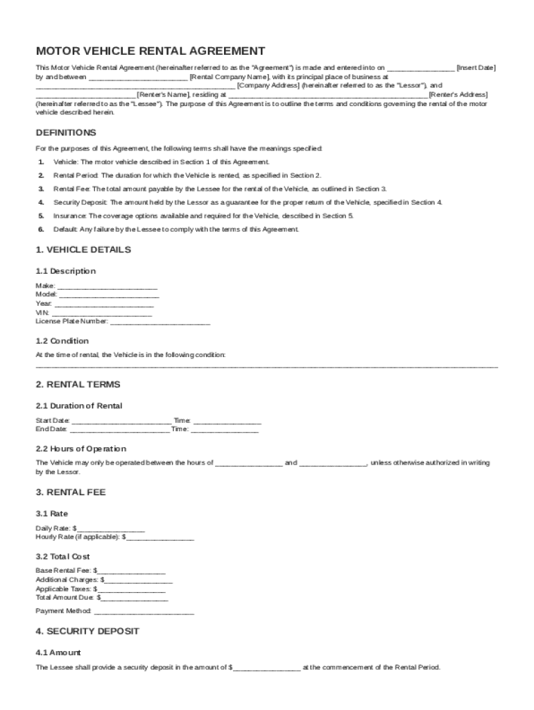 Motor Vehicle Rental Agreement Template Preview on Page 1