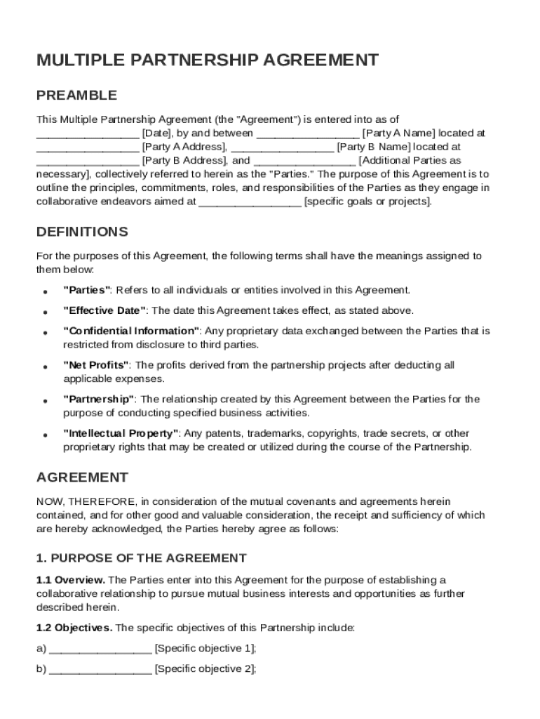 Multiple Partnership Agreement Template Preview on Page 1