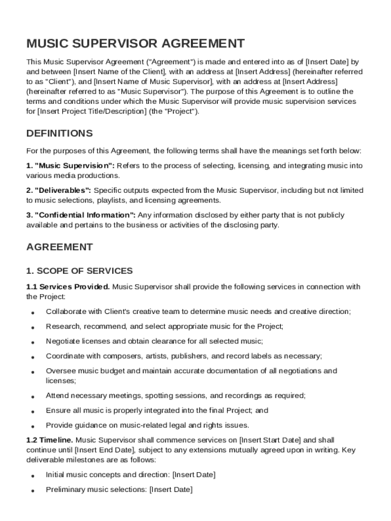 Music Supervisor Agreement Template Preview on Page 1