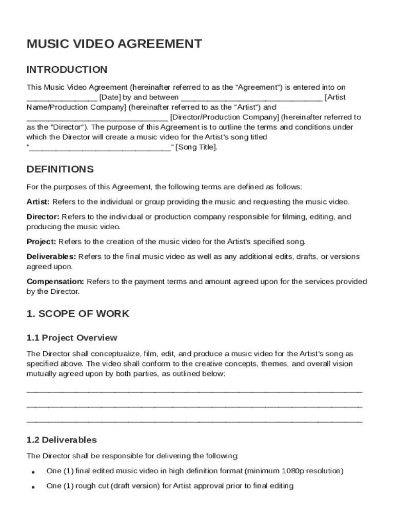 Music Video Agreement Template Preview on Page 1