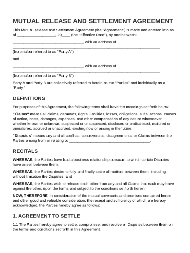 Mutual Release and Settlement Agreement Template Preview on Page 1