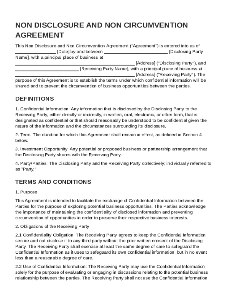 Non Disclosure and Non Circumvention Agreement Template Preview on Page 1