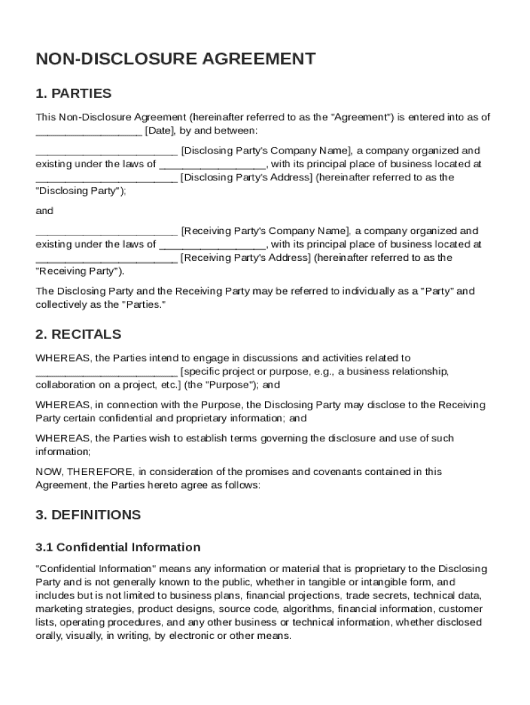 Non Disclousure Agreement Template Preview on Page 1