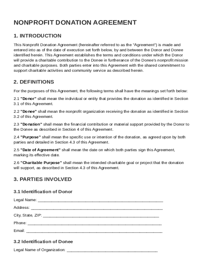 Nonprofit Donation Agreement Template Preview on Page 1