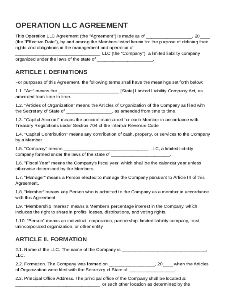 Operation LLC Agreement Template Preview on Page 1