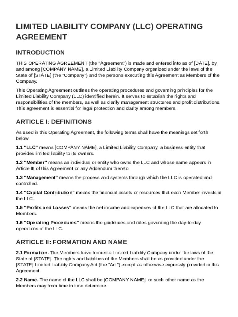 Operation for LLC Agreement Template Preview on Page 1
