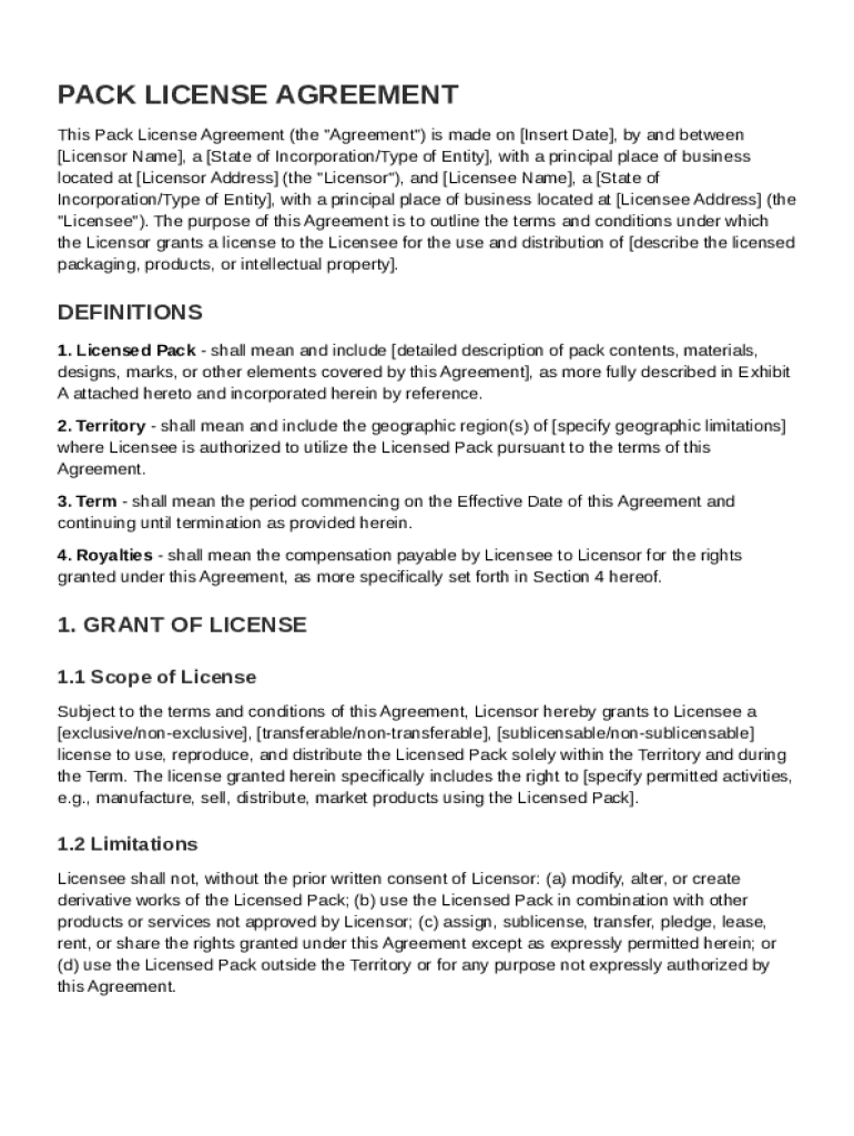 Pack License Agreement Template Preview on Page 1
