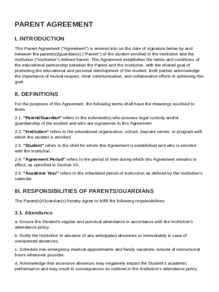 Parent Agreement Template Preview on Page 1