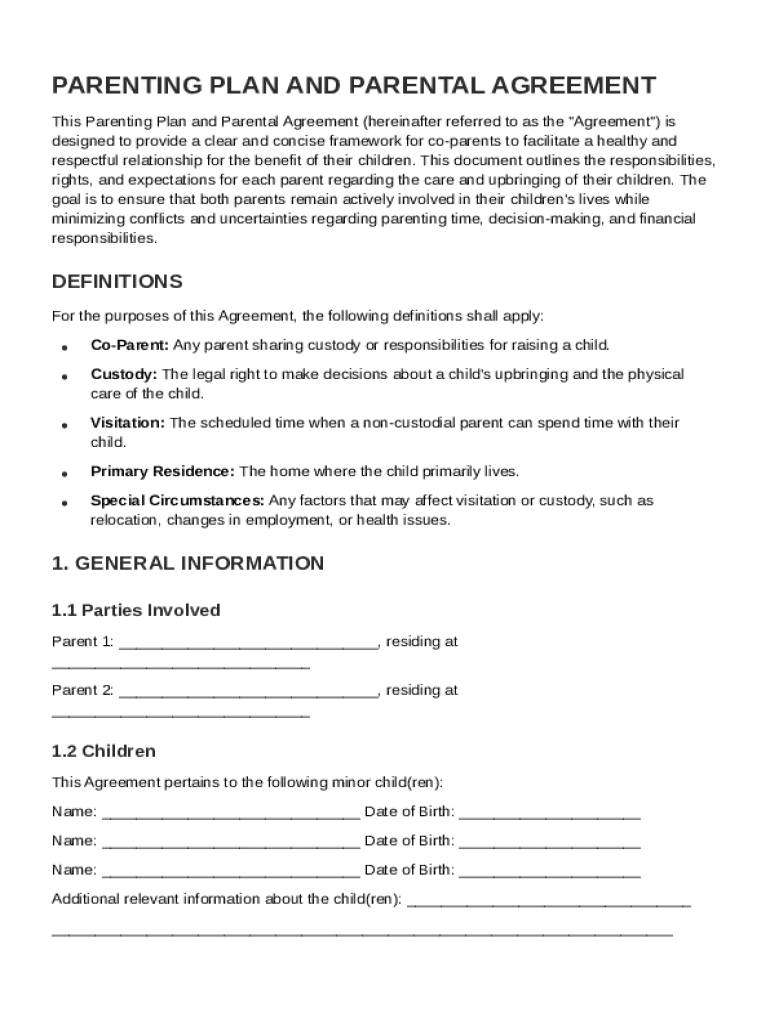 Parenting Plan Parental Agreement Template Preview on Page 1