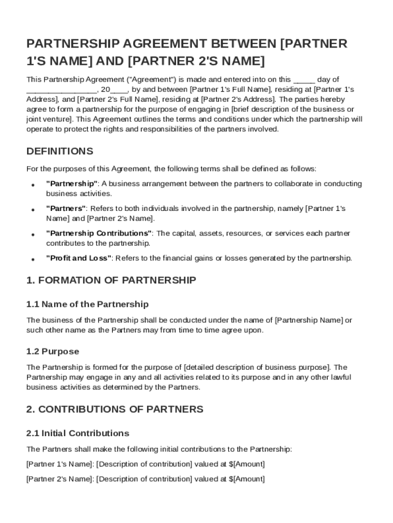 Partnership Between Two Individuals Agreement Template Preview on Page 1